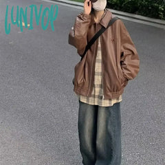 Lunivop American Vintage Brown Leather Jacket Women Oversize Streetwear Autumn Winter Moto Biker