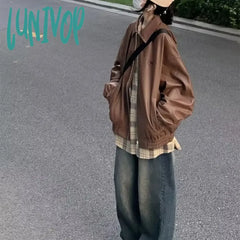 Lunivop American Vintage Brown Leather Jacket Women Oversize Streetwear Autumn Winter Moto Biker