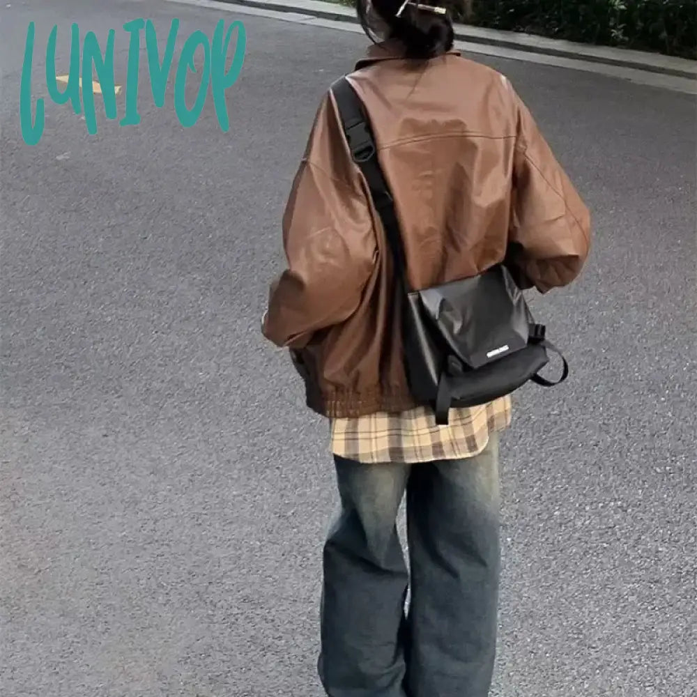 Lunivop American Vintage Brown Leather Jacket Women Oversize Streetwear Autumn Winter Moto Biker