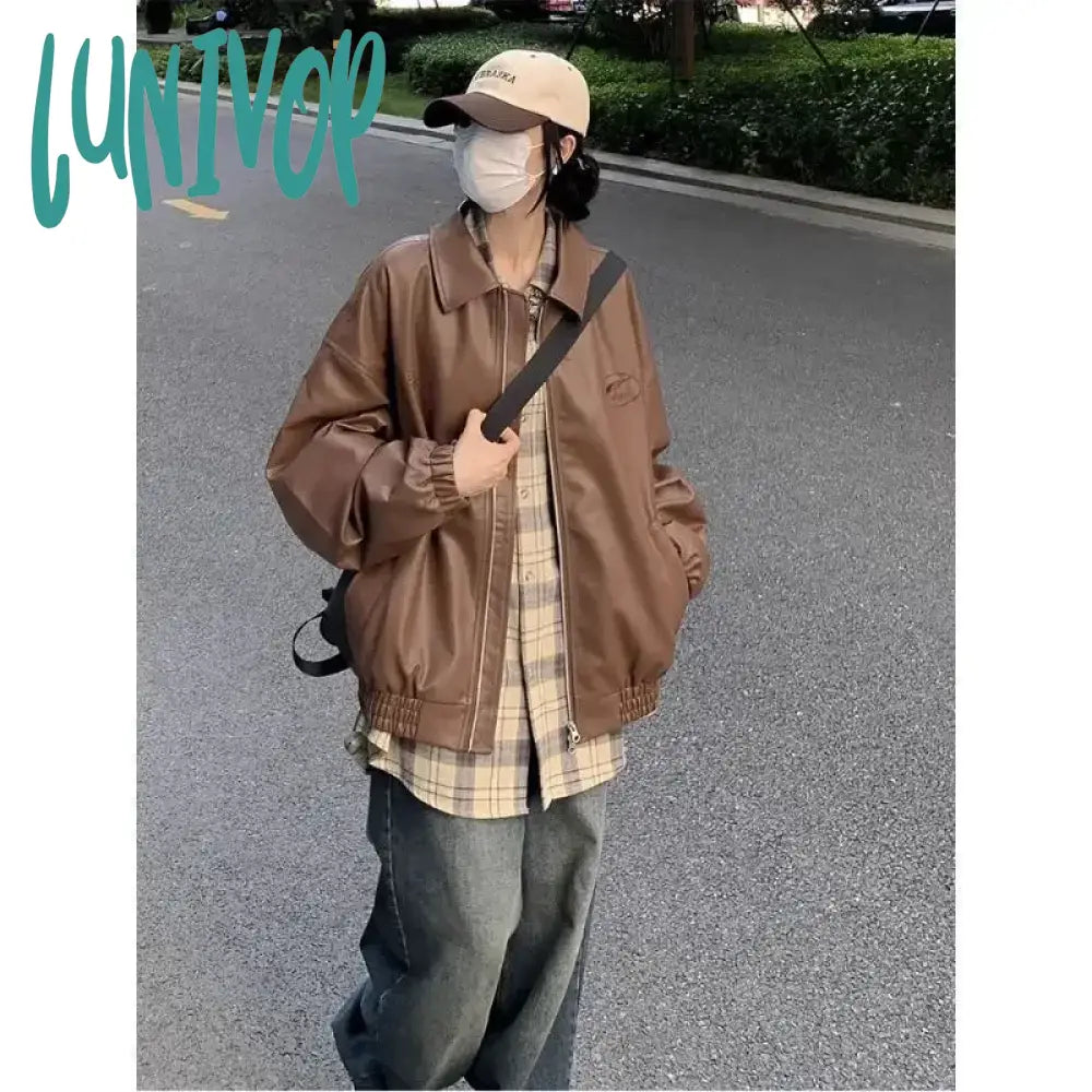 Lunivop American Vintage Brown Leather Jacket Women Oversize Streetwear Autumn Winter Moto Biker