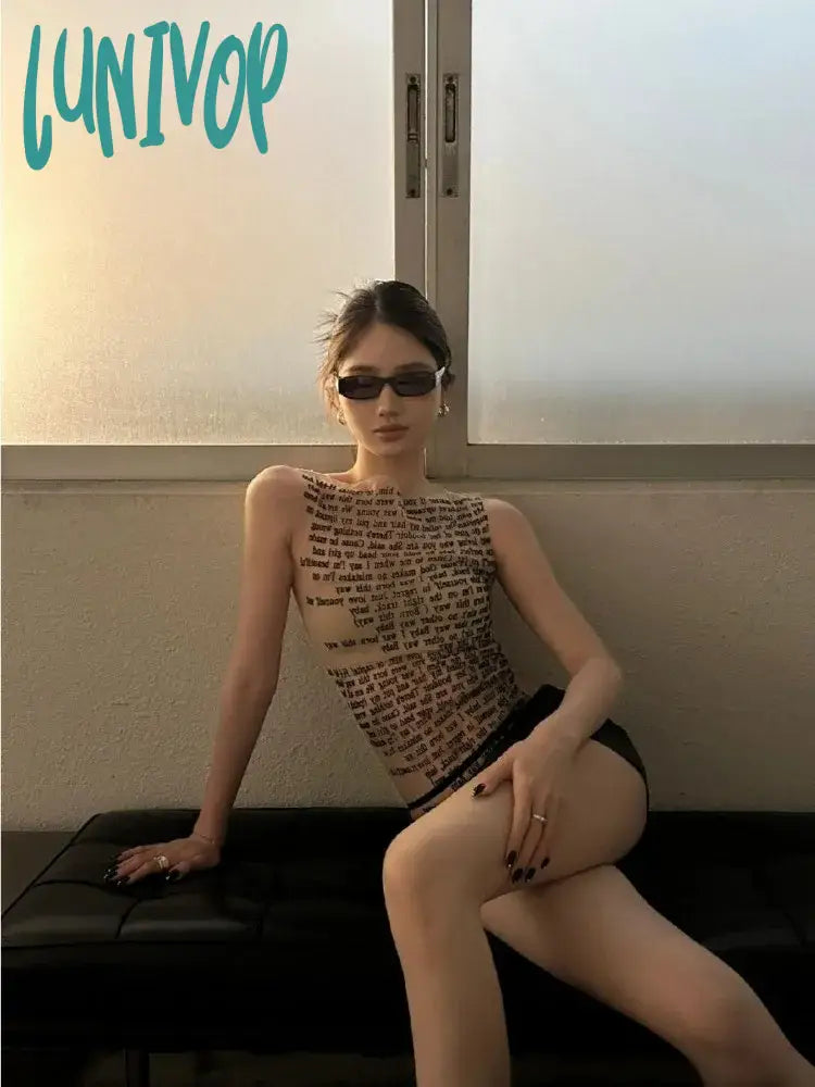 Lunivop American Vintage See Through Mesh Tank Top Y2K Sexy Slim Fit Letter Print Vest For Women