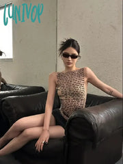 Lunivop American Vintage See Through Mesh Tank Top Y2K Sexy Slim Fit Letter Print Vest For Women