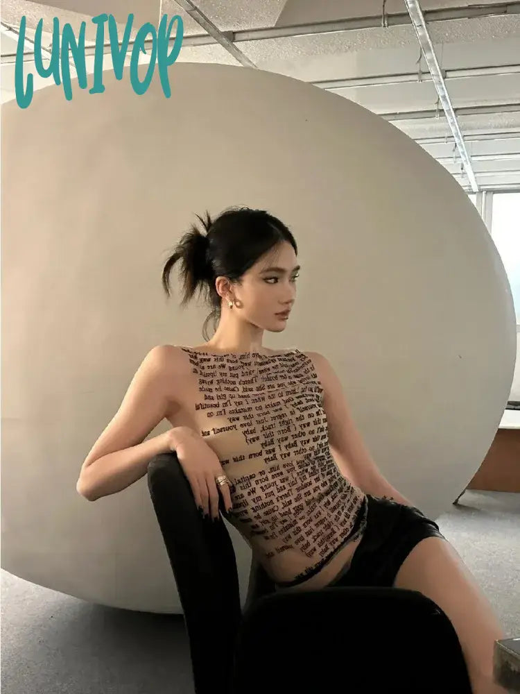 Lunivop American Vintage See Through Mesh Tank Top Y2K Sexy Slim Fit Letter Print Vest For Women