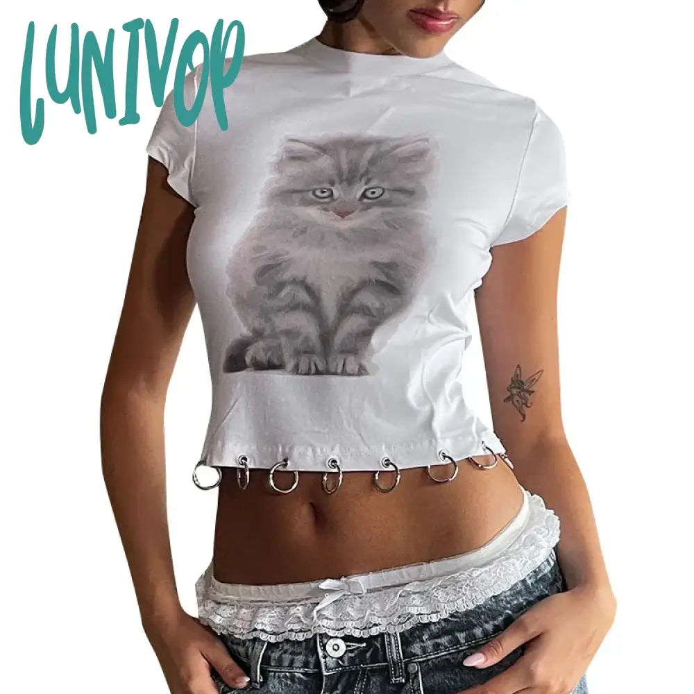 Lunivop Animal Printed White Graphic Tees Street Wear Going Out Tops Y2K Fashion T Shirt Women 2024