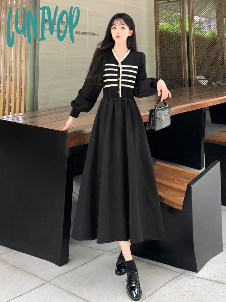 Lunivop Autumn And Winter Korean New Version Of The Fashion V-Neck Large Size Midi Fake Two-Piece