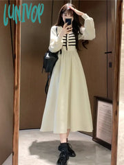 Lunivop Autumn And Winter Korean New Version Of The Fashion V-Neck Large Size Midi Fake Two-Piece