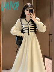 Lunivop Autumn And Winter Korean New Version Of The Fashion V-Neck Large Size Midi Fake Two-Piece