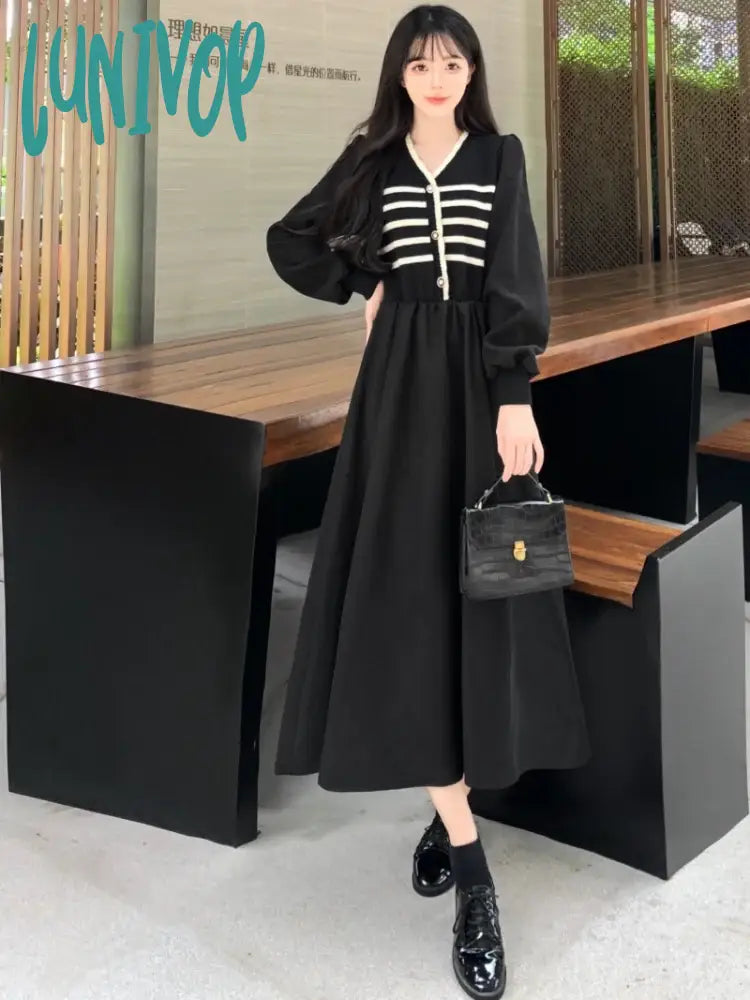 Lunivop Autumn And Winter Korean New Version Of The Fashion V-Neck Large Size Midi Fake Two-Piece