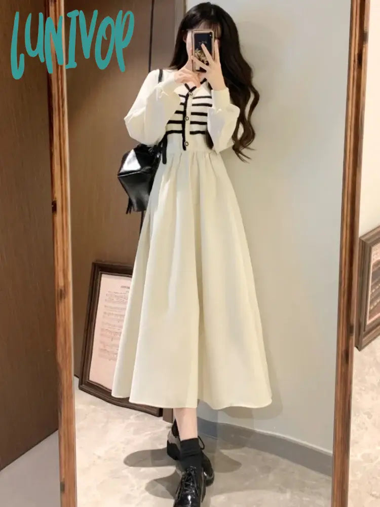 Lunivop Autumn And Winter Korean New Version Of The Fashion V-Neck Large Size Midi Fake Two-Piece