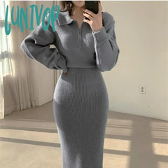 Lunivop Autumn And Winter Retro Korean Version Of Long-Sleeved Knitted Dress Women’s Zipper Lapel