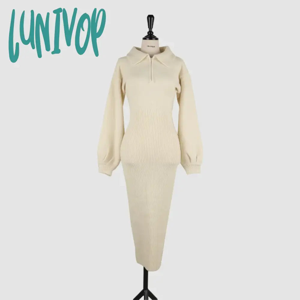 Lunivop Autumn And Winter Retro Korean Version Of Long-Sleeved Knitted Dress Women’s Zipper Lapel