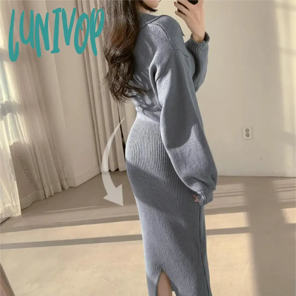 Lunivop Autumn And Winter Retro Korean Version Of Long-Sleeved Knitted Dress Women’s Zipper Lapel