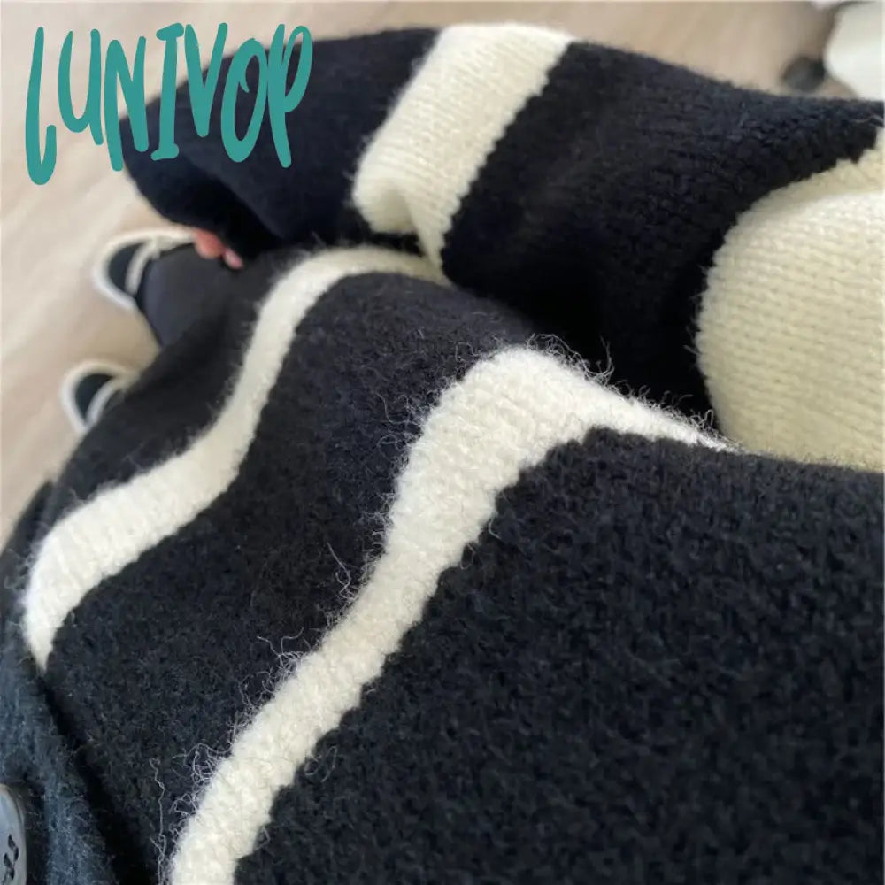 Lunivop Autumn And Winter Women’s V-Neck Button Patchwork Striped Cardigan Loose Sweater Fashion