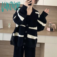 Lunivop Autumn And Winter Women’s V-Neck Button Patchwork Striped Cardigan Loose Sweater Fashion