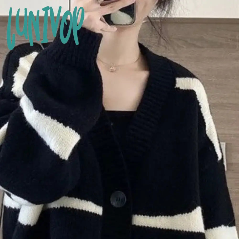 Lunivop Autumn And Winter Women’s V-Neck Button Patchwork Striped Cardigan Loose Sweater Fashion