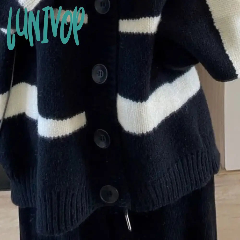 Lunivop Autumn And Winter Women’s V-Neck Button Patchwork Striped Cardigan Loose Sweater Fashion