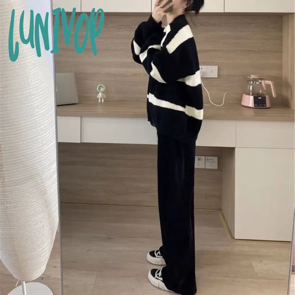 Lunivop Autumn And Winter Women’s V-Neck Button Patchwork Striped Cardigan Loose Sweater Fashion