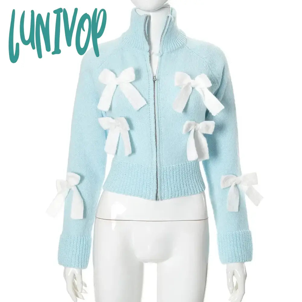 Lunivop Autumn Splice Bows Sweater Knitted Cardigan For Women Stand-Up Collar Zipper Slim Short Top