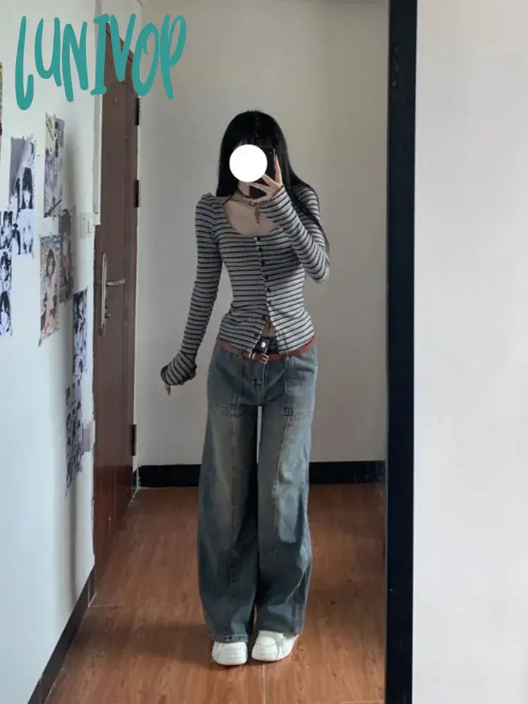 Lunivop Autumn Trendy Sexy Striped Contrast Color Crop Top Y2K Slim Bottoming Button Women T-Shirt