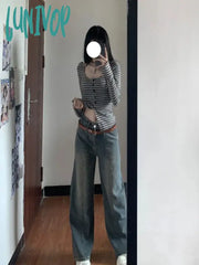 Lunivop Autumn Trendy Sexy Striped Contrast Color Crop Top Y2K Slim Bottoming Button Women T-Shirt