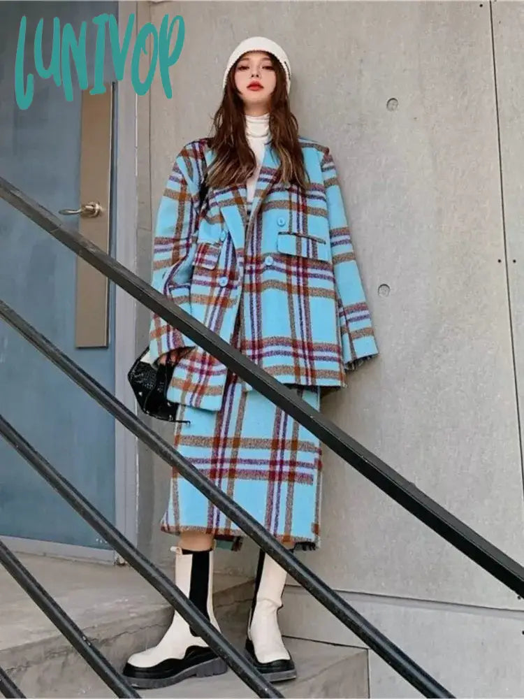 Lunivop Autumn Winter Female Fashion Casual Blue Plaid 2 Piece Set Vintage Long-Sleeve Minimalist