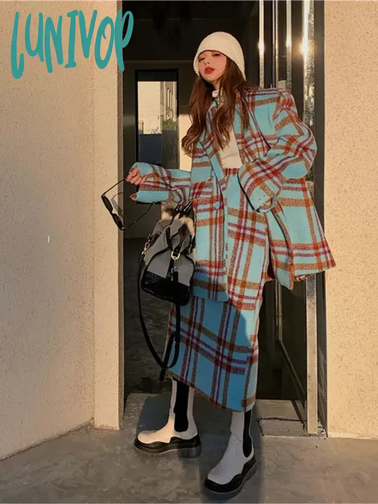 Lunivop Autumn Winter Female Fashion Casual Blue Plaid 2 Piece Set Vintage Long-Sleeve Minimalist