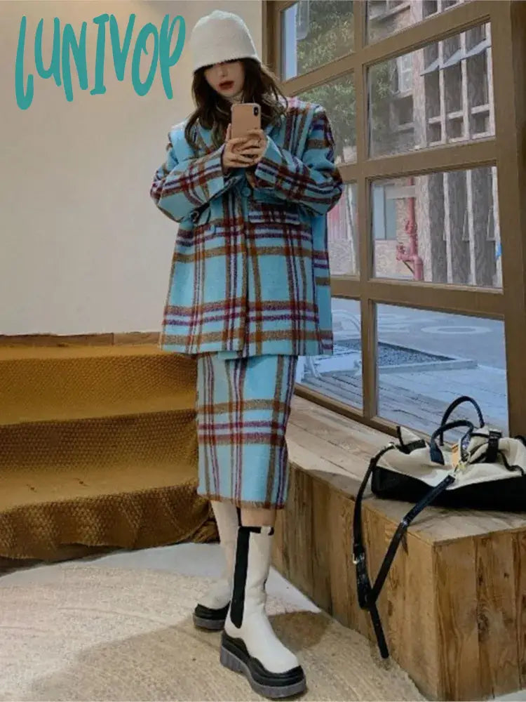 Lunivop Autumn Winter Female Fashion Casual Blue Plaid 2 Piece Set Vintage Long-Sleeve Minimalist