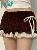 Lunivop Autumn Winter Knit Ruffles Skirt Vintage Y2K Low Rise Contrast Patchwork Pencil Mini Skirts