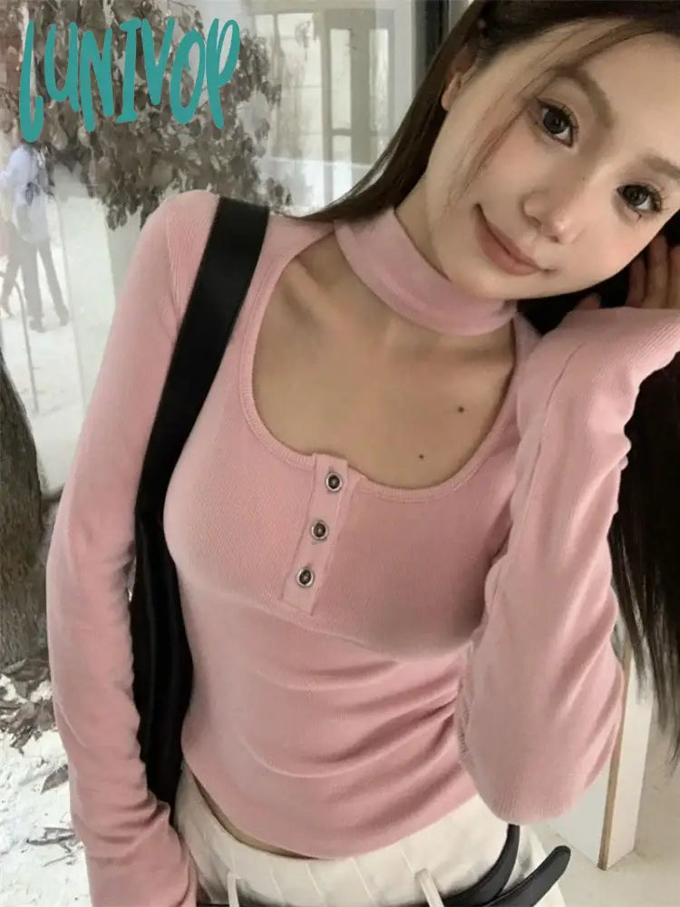 Lunivop Autumn Winter Long Sleeve Simple Solid Crop Top Square Collar Bottoming Vintage Tshirts Y2K