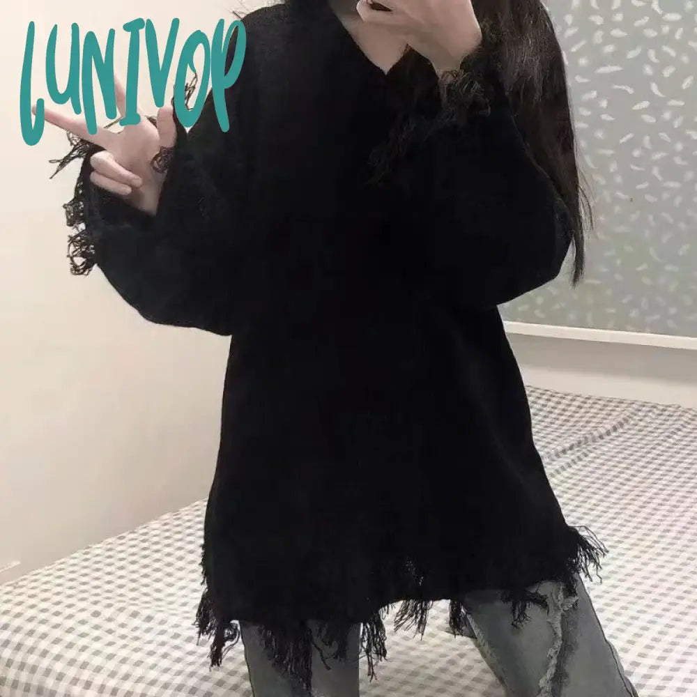 Lunivop Autumn Winter New Women’s Solid Color V-Neck Tassel Design Pullovers Sweater Fashion