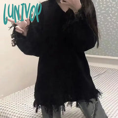 Lunivop Autumn Winter New Women’s Solid Color V-Neck Tassel Design Pullovers Sweater Fashion