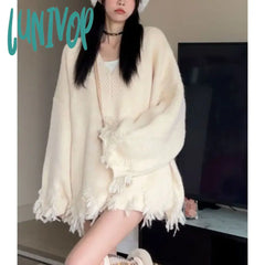 Lunivop Autumn Winter New Women’s Solid Color V-Neck Tassel Design Pullovers Sweater Fashion