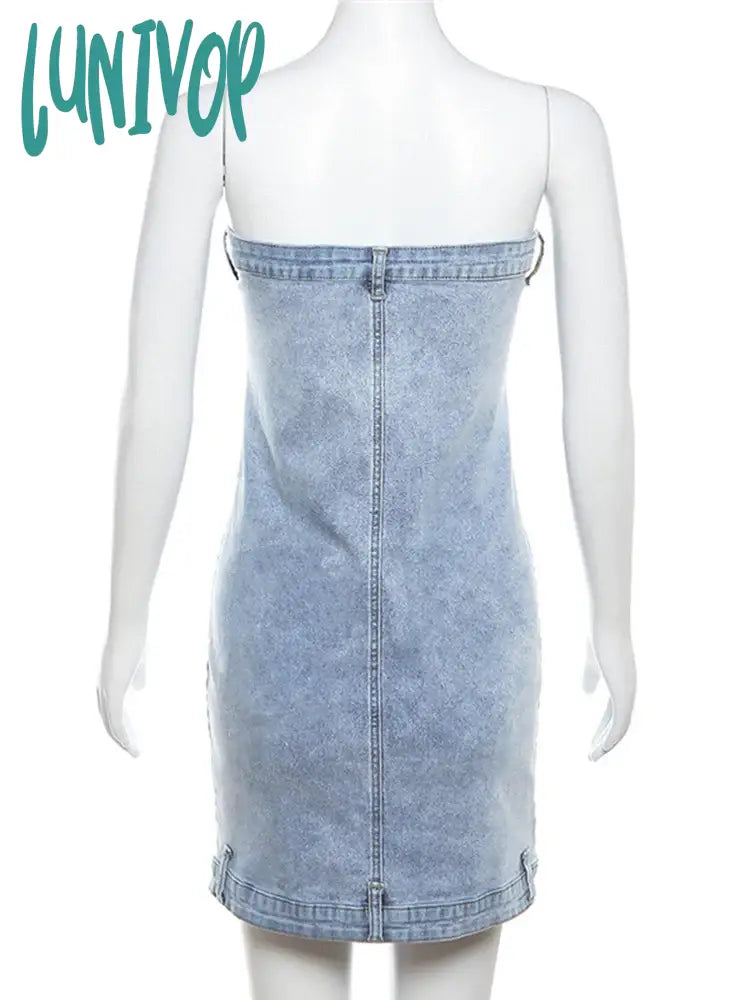 Lunivop Autumn Winter Women Sexy Strapless Denim Dress Solid Slim Fit Bodycon Mini For