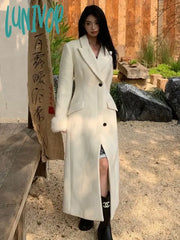 Lunivop Autumn Winter Women’s White Woolen Overcoats Lapel Single-Button Removable Fur Cuff Long