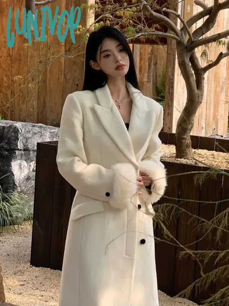 Lunivop Autumn Winter Women’s White Woolen Overcoats Lapel Single-Button Removable Fur Cuff Long