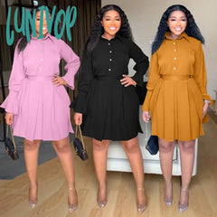 Lunivop Autumn Women Fashion A-Line Dress Woman Blouses Lapel Flare Sleeves Pleated Dresses Elegant