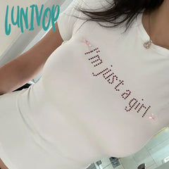 Lunivop Baby Tees Y2K 2000S Rhinestone Letters Short Sleeve Crop Top White Tshirt Women Trending