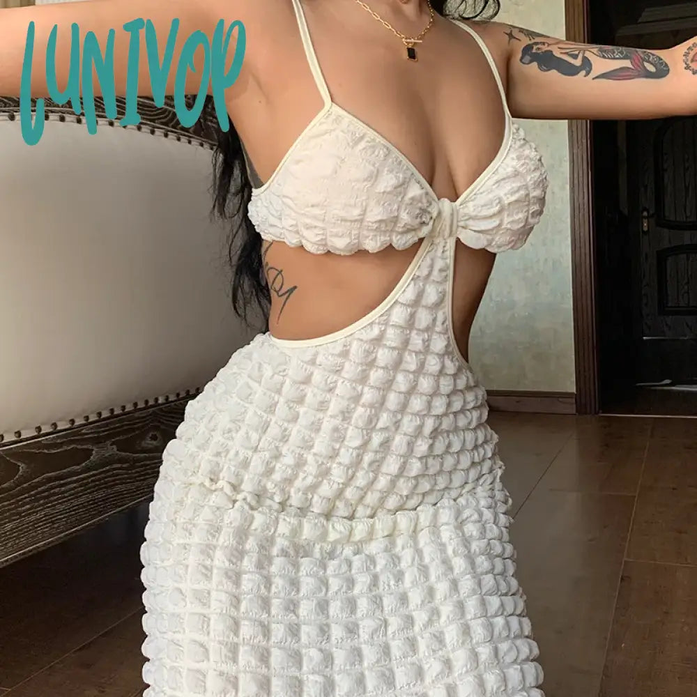 Lunivop Backless Hollow Out Maxi Prom Dress For Women Elegant Popcorn Texture Knitted Bubble Waffle