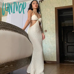 Lunivop Backless Hollow Out Maxi Prom Dress For Women Elegant Popcorn Texture Knitted Bubble Waffle