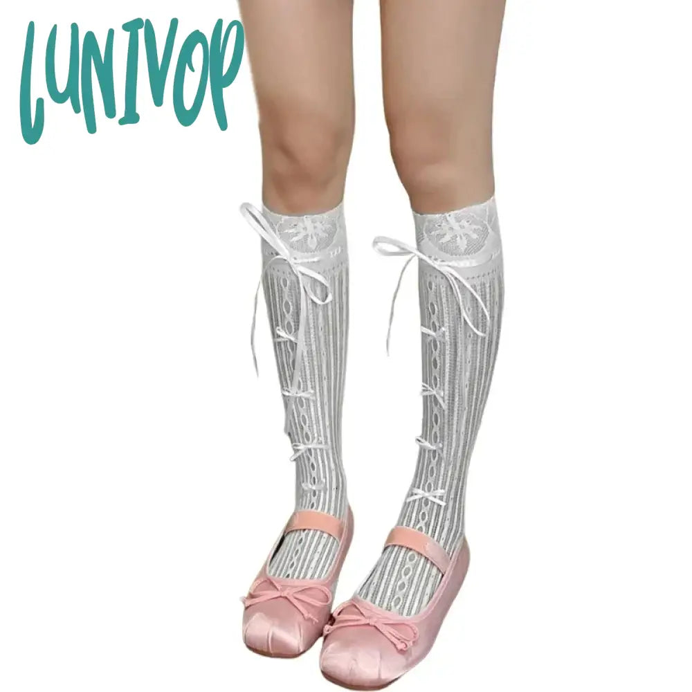 Lunivop Ballet Elegant Style Sock Ribbon Bows Tie Stocking Hollows Lacy Fishnet Long Knee Length