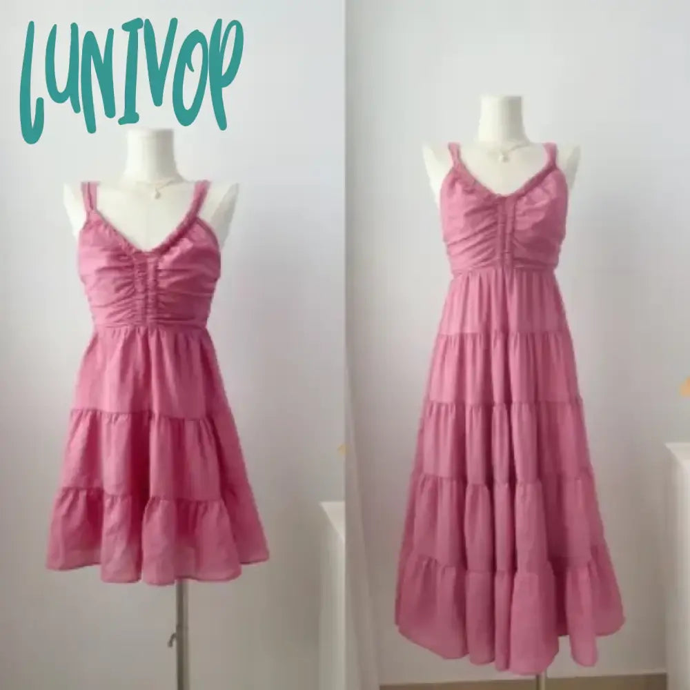 Lunivop Beach Style Holiday Midi Dresses For Women Summer Korean Fashion Sleeveless Pleated