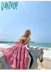 Lunivop Beach Style Holiday Midi Dresses For Women Summer Korean Fashion Sleeveless Pleated