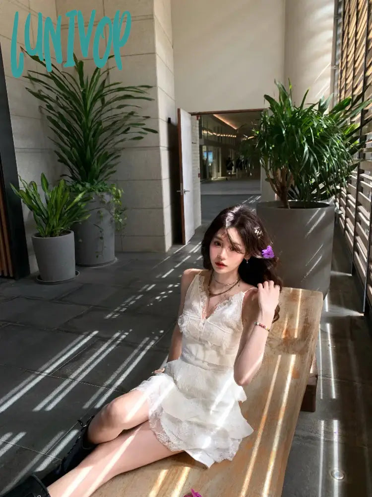 Lunivop Beach Style Whit V-Neck Dress Even Party Female Elegant 2000S Vintage Clothing Korean