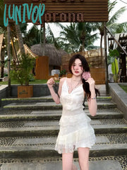 Lunivop Beach Style Whit V-Neck Dress Even Party Female Elegant 2000S Vintage Clothing Korean