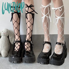 Lunivop Black Bandage Stockings Women Gothic Sexy Fishnet Thigh High Mesh Tights Personality Lace