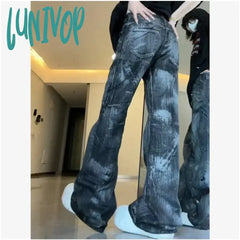 Lunivop Black Gray Womens Jeans High Waist Vintage Straight Tie Dyeing Y2K Summer Denim Pants