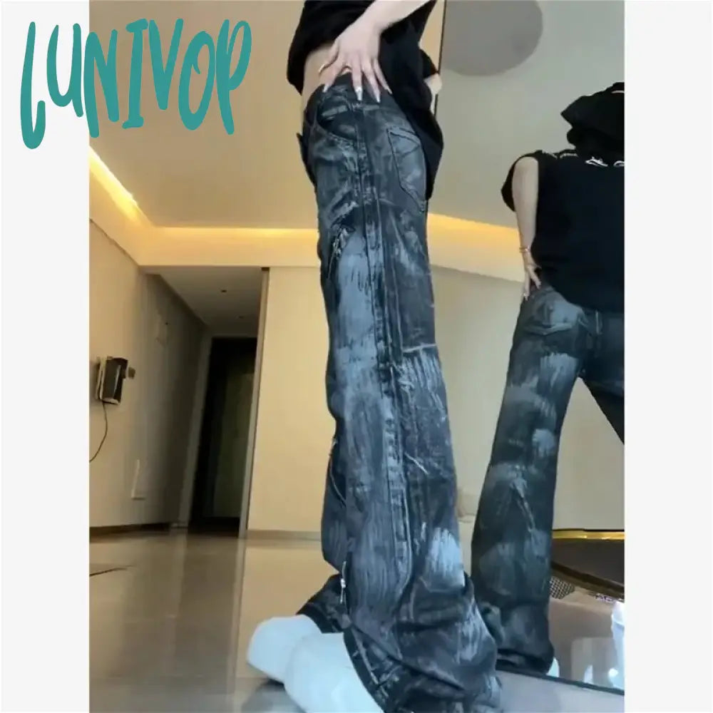 Lunivop Black Gray Womens Jeans High Waist Vintage Straight Tie Dyeing Y2K Summer Denim Pants