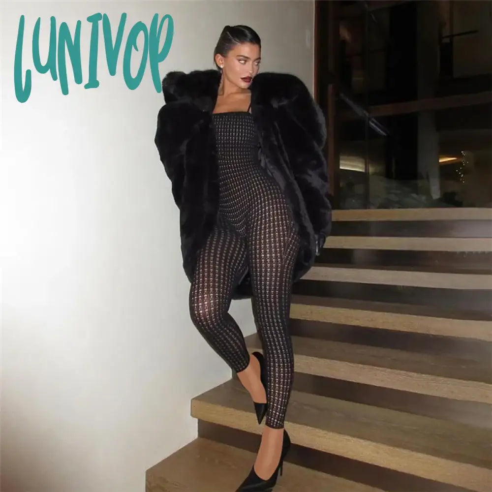 Lunivop Black Jumpsuit Womens See Through Hollow Out Knit Mesh Bodycon Jumpsuits Sexy Baddies