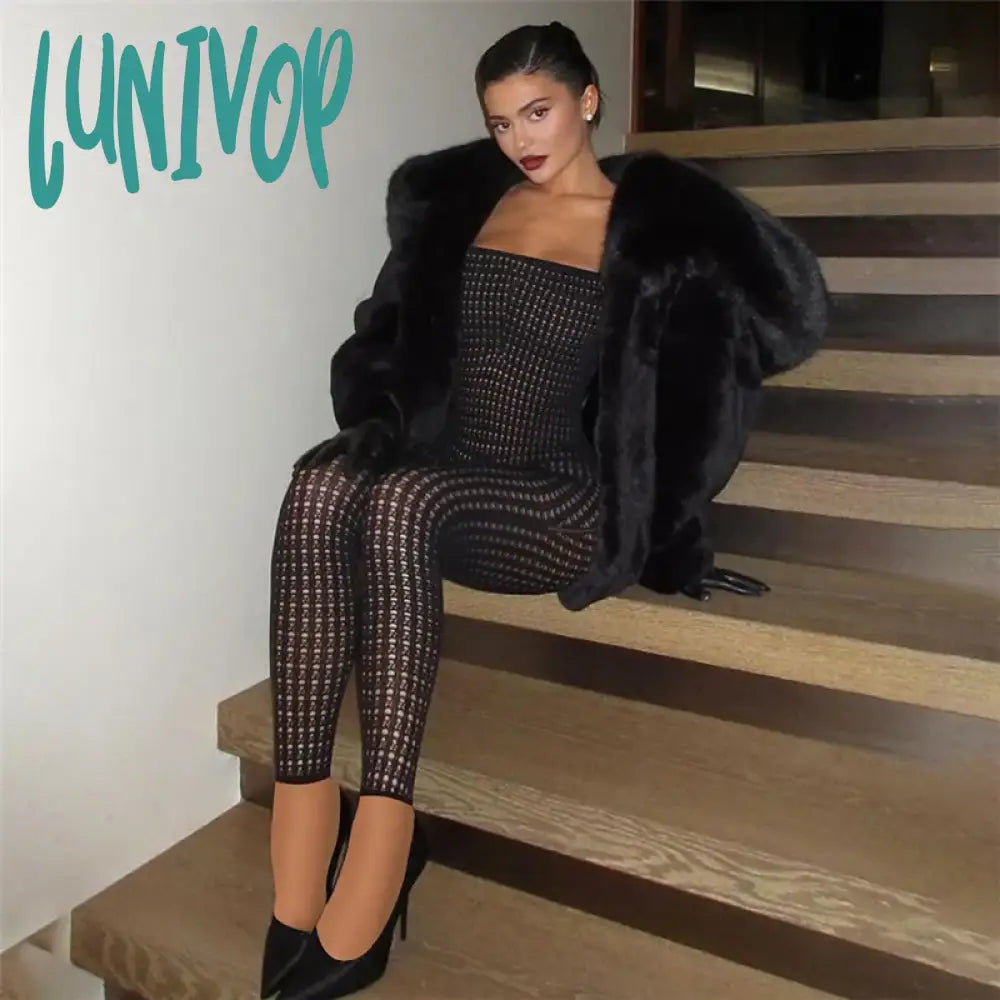 Lunivop Black Jumpsuit Womens See Through Hollow Out Knit Mesh Bodycon Jumpsuits Sexy Baddies