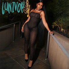 Lunivop Black Jumpsuit Womens See Through Hollow Out Knit Mesh Bodycon Jumpsuits Sexy Baddies